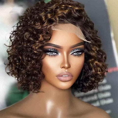 Wear Go Glueless Highlight Short Curly Bob Wigs Pre Cut Lace Human Hair Wigs