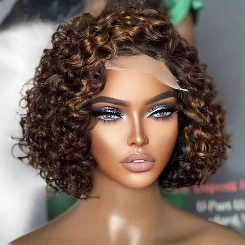 Wear Go Glueless Highlight Short Curly Bob Wigs Pre Cut Lace Human Hair Wigs