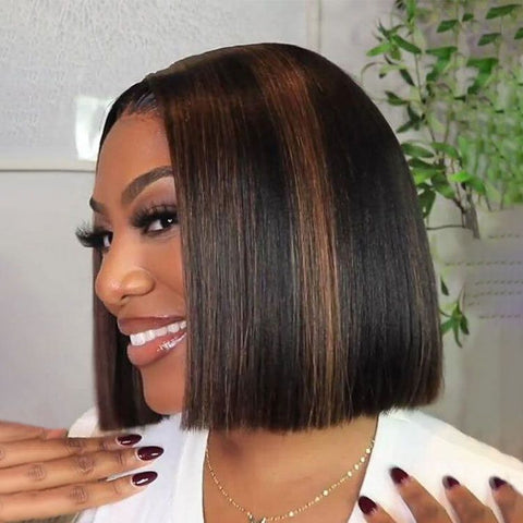Glueless Highlight Blunt Cut Short Bob Wig Human Hair Wigs
