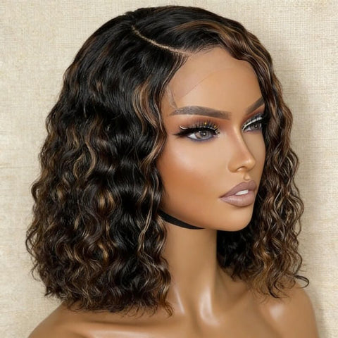 Short Bob Wig Highlight Balayage Water Wave Pre Cut Lace Human Hair Wigs
