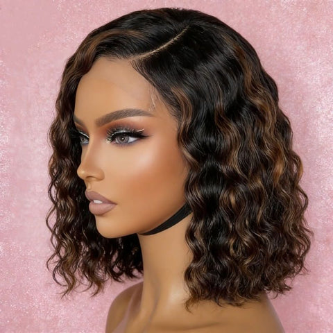 Short Bob Wig Highlight Balayage Water Wave Pre Cut Lace Human Hair Wigs