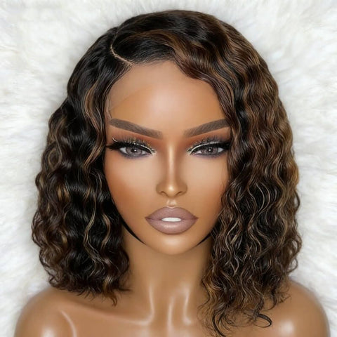 Short Bob Wig Highlight Balayage Water Wave Pre Cut Lace Human Hair Wigs