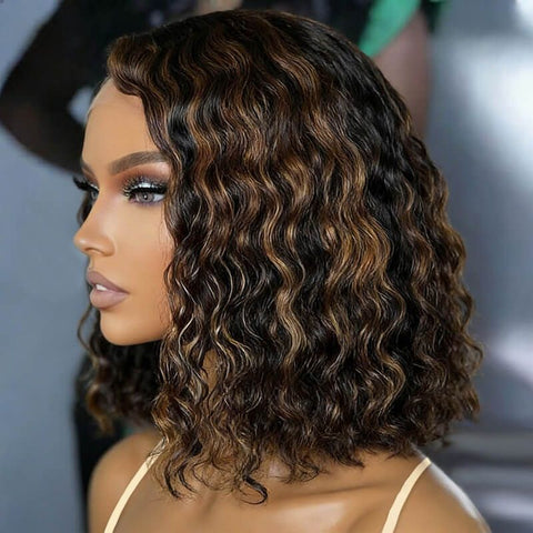 Short Bob Wig Highlight Balayage Water Wave Pre Cut Lace Human Hair Wigs