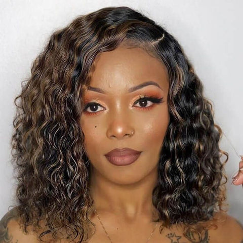 Short Bob Wig Highlight Balayage Water Wave Pre Cut Lace Human Hair Wigs