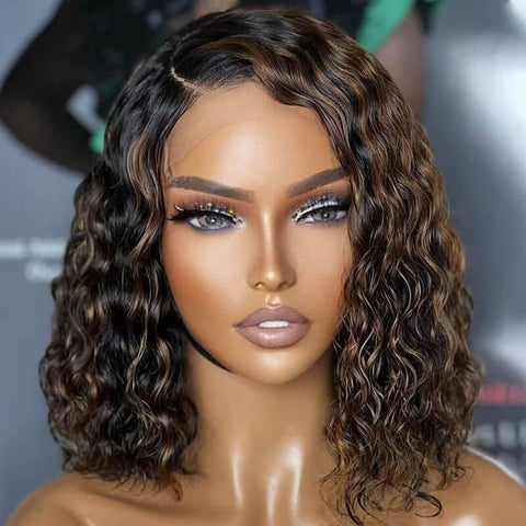 Short Bob Wig Highlight Balayage Water Wave Pre Cut Lace Human Hair Wigs