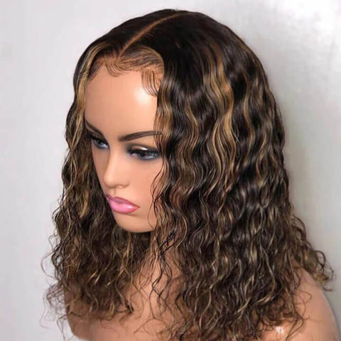 Short Bob Wig Highlight Balayage Water Wave Pre Cut Lace Human Hair Wigs