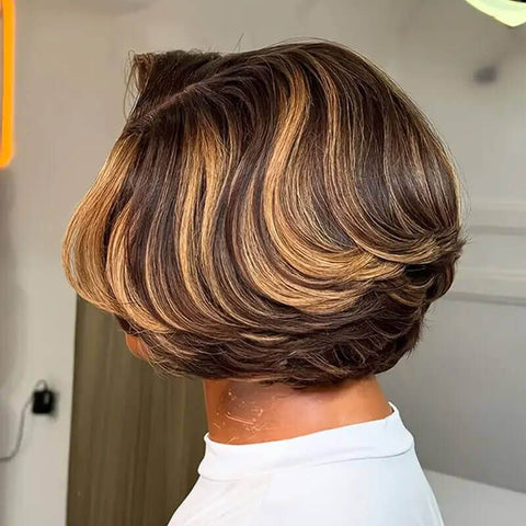 Wear and Go Wigs 4/27 Blonde Highlights Layered Cut Bob Wigs Pre Cut Lace Glueless Human Hair Wigs
