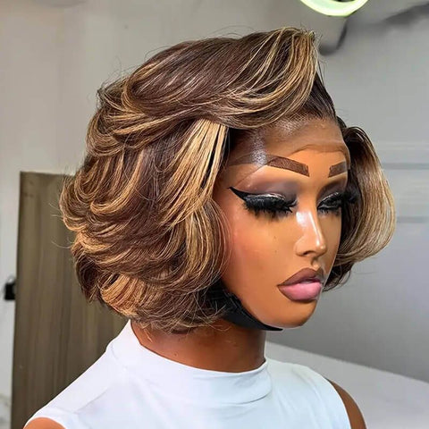 Wear and Go Wigs 4/27 Blonde Highlights Layered Cut Bob Wigs Pre Cut Lace Glueless Human Hair Wigs