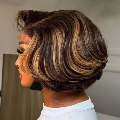 Wear and Go Wigs 4/27 Blonde Highlights Layered Cut Bob Wigs Pre Cut Lace Glueless Human Hair Wigs