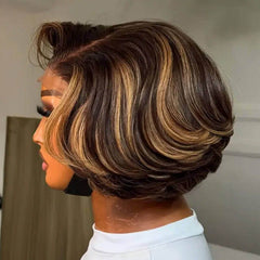 Wear and Go Wigs 4/27 Blonde Highlights Layered Cut Bob Wigs Pre Cut Lace Glueless Human Hair Wigs