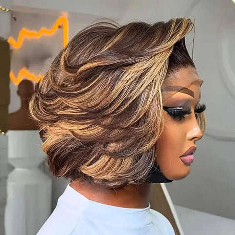 Wear and Go Wigs 4/27 Blonde Highlights Layered Cut Bob Wigs Pre Cut Lace Glueless Human Hair Wigs
