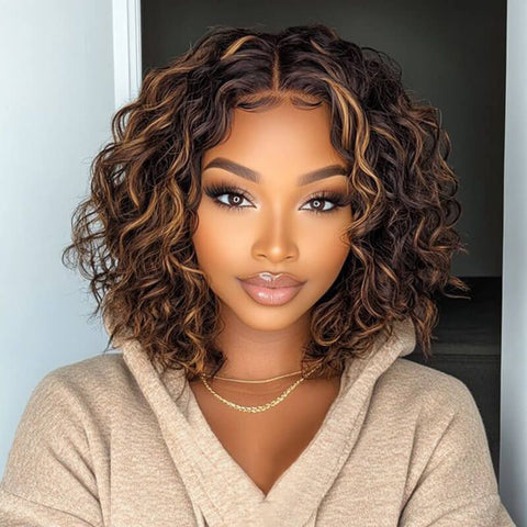 Wear and Go Wigs Brown Highlight Curly Bob Wigs Pre Cut Lace Glueless Human Hair Wigs