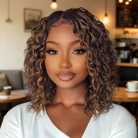 Wear and Go Wigs Brown Highlight Curly Bob Wigs Pre Cut Lace Glueless Human Hair Wigs
