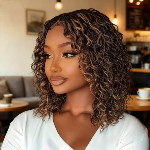 Wear and Go Wigs Brown Highlight Curly Bob Wigs Pre Cut Lace Glueless Human Hair Wigs
