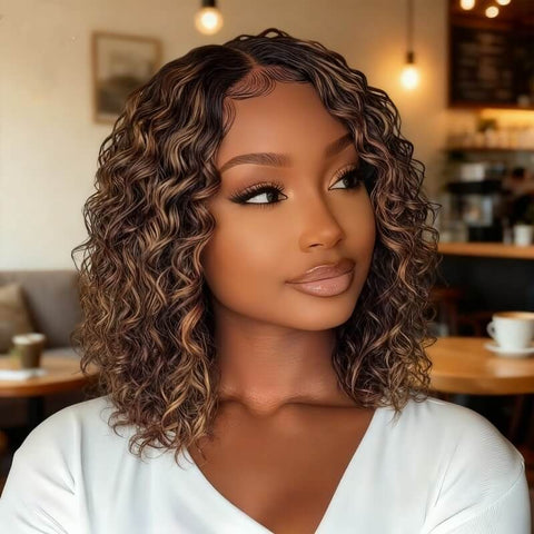 Wear and Go Wigs Brown Highlight Curly Bob Wigs Pre Cut Lace Glueless Human Hair Wigs