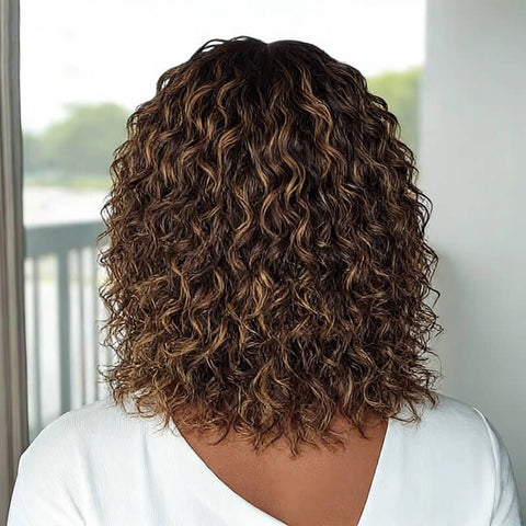 Wear and Go Wigs Brown Highlight Curly Bob Wigs Pre Cut Lace Glueless Human Hair Wigs