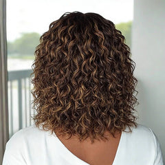 Wear and Go Wigs Brown Highlight Curly Bob Wigs Pre Cut Lace Glueless Human Hair Wigs