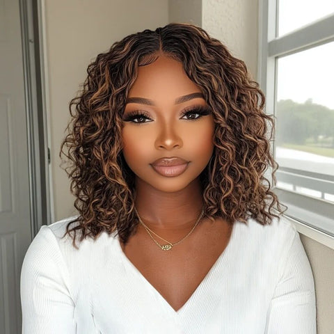 Wear and Go Wigs Brown Highlight Curly Bob Wigs Pre Cut Lace Glueless Human Hair Wigs