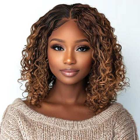 Wear and Go Wigs Brown Highlight Curly Bob Wigs Pre Cut Lace Glueless Human Hair Wigs