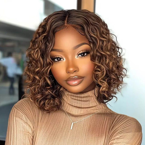 Wear and Go Wigs Brown Highlight Curly Bob Wigs Pre Cut Lace Glueless Human Hair Wigs
