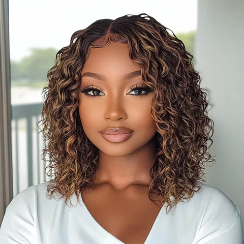 Wear and Go Wigs Brown Highlight Curly Bob Wigs Pre Cut Lace Glueless Human Hair Wigs