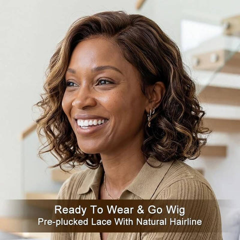 Chocolate Brown Hair with Golden Blonde Highlights Loose Wave Bob Wig Glueless Human Hair Wigs