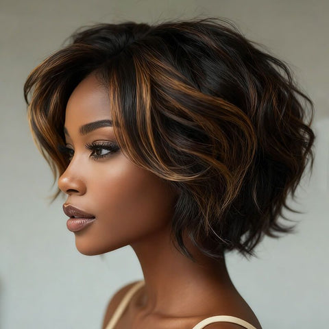 Put On & Go Glueless Gorgeous Highlight Golden Brown Short Wave Pixie Cut Human Hair Wigs