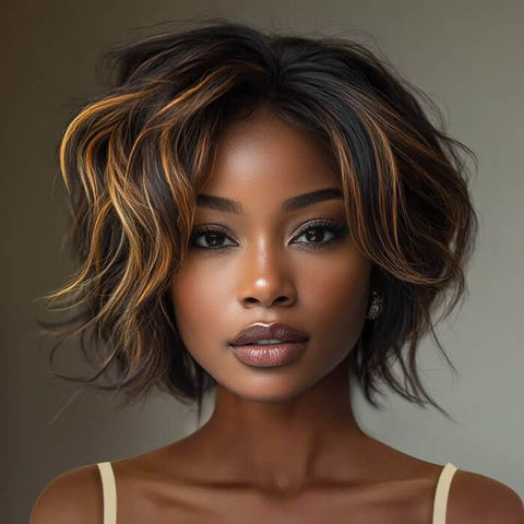 Put On & Go Glueless Gorgeous Highlight Golden Brown Short Wave Pixie Cut Human Hair Wigs