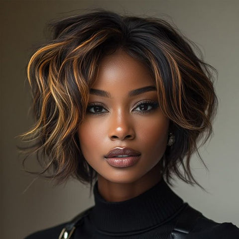 Put On & Go Glueless Gorgeous Highlight Golden Brown Short Wave Pixie Cut Human Hair Wigs