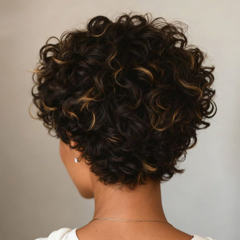 Ready to Wear Wig Highligt Curly Pixie Cut Wigs with Bangs Pre Cut Lace Glueless Human Hair Wigs