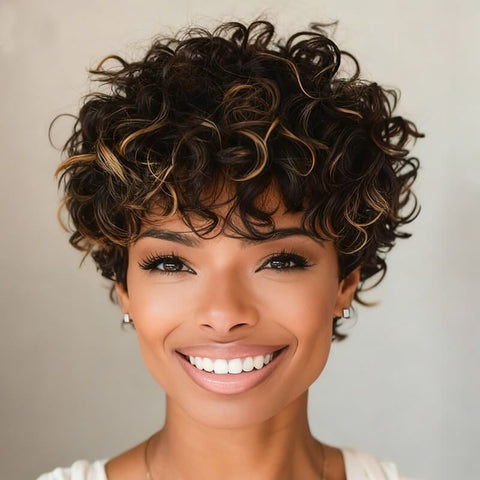 Ready Wear Wig Highligt Curly Pixie Cut Wigs with Bangs Pre Cut Lace Glueless Human Hair Wigs