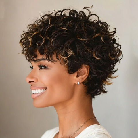 Ready to Wear Wig Highligt Curly Pixie Cut Wigs with Bangs Pre Cut Lace Glueless Human Hair Wigs