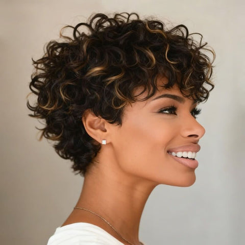 Ready Wear Wig Highligt Curly Pixie Cut Wigs with Bangs Pre Cut Lace Glueless Human Hair Wigs