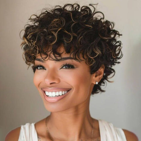 Ready Wear Wig Highligt Curly Pixie Cut Wigs with Bangs Pre Cut Lace Glueless Human Hair Wigs