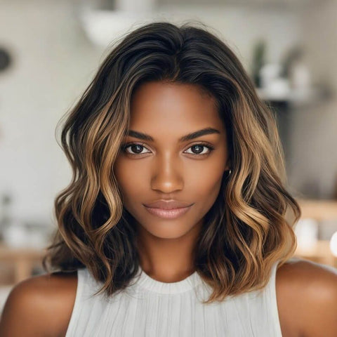 Wear and Go Wigs Golden Brown Wavy Bob Wigs Pre Cut Lace Human Hair Wigs