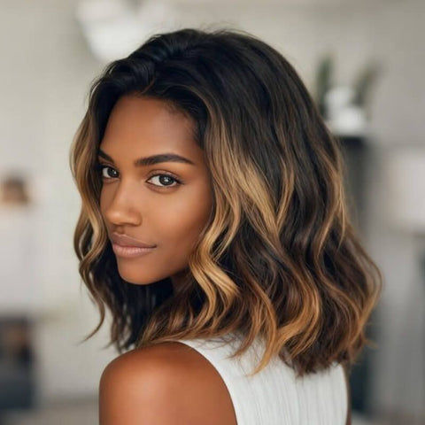 Wear and Go Wigs Golden Brown Wavy Bob Wigs Pre Cut Lace Human Hair Wigs