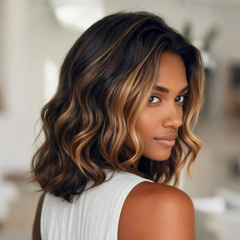 Wear and Go Wigs Golden Brown Wavy Bob Wigs Pre Cut Lace Human Hair Wigs