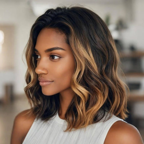 Wear and Go Wigs Golden Brown Wavy Bob Wigs Pre Cut Lace Human Hair Wigs