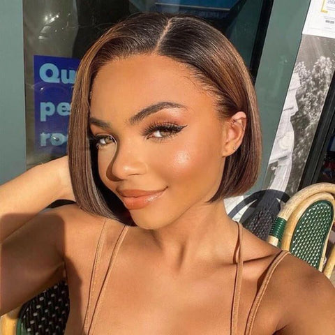 Brown Ombre Pixie Cut Bob Wigs with Side Part Pre Cut Lace Glueless Human Hair Wigs