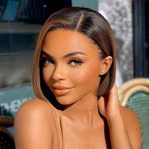 Brown Ombre Pixie Cut Bob Wigs with Side Part Pre Cut Lace Glueless Human Hair Wigs