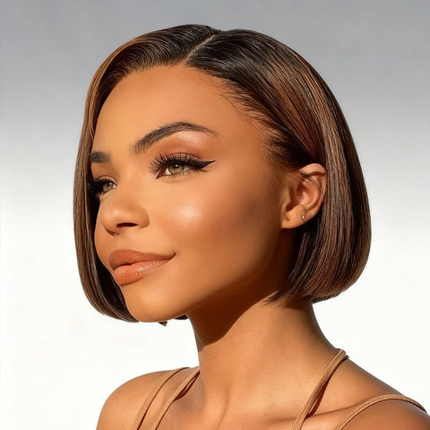 Brown Ombre Pixie Cut Bob Wigs with Side Part Pre Cut Lace Glueless Human Hair Wigs