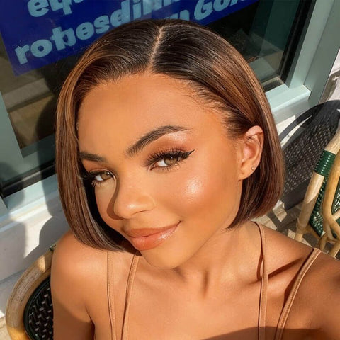 Brown Ombre Pixie Cut Bob Wigs with Side Part Pre Cut Lace Glueless Human Hair Wigs