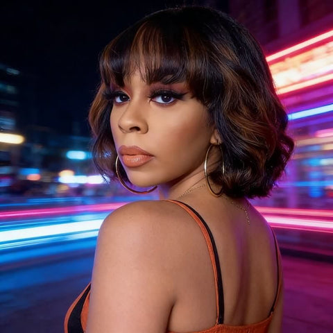 Highlights Wavy Bob Wigs with Bangs 4X4 Lace Glueless Human Hair Wigs