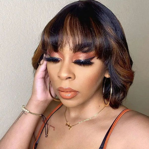 Highlights Wavy Bob Wigs with Bangs 4X4 Lace Glueless Human Hair Wigs