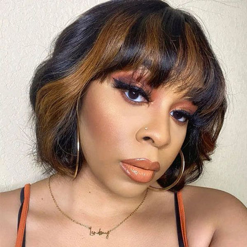 Highlights Wavy Bob Wigs with Bangs 4X4 Lace Glueless Human Hair Wigs