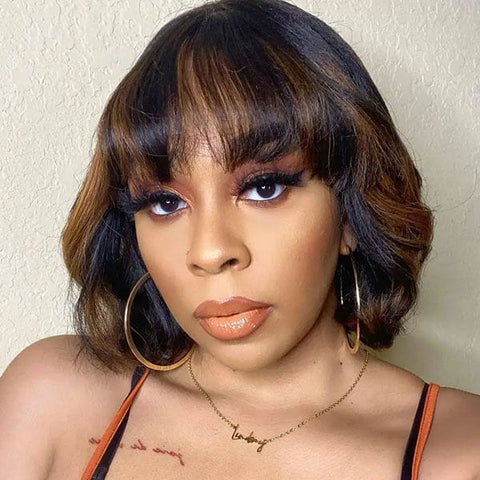 Highlights Wavy Bob Wigs with Bangs 4X4 Lace Glueless Human Hair Wigs