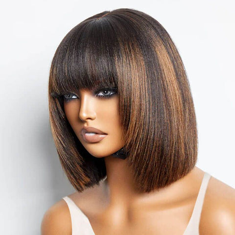 Highlight Layered Cut Yaki Straight Bob Wigs with Bangs Human Hair Wigs