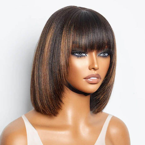 Highlight Layered Cut Yaki Straight Bob Wigs with Bangs Human Hair Wigs