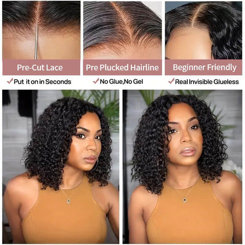 Wear and Go Wigs Deep Curly Bob Wigs Pre Cut Lace Glueless Human Hair Wigs