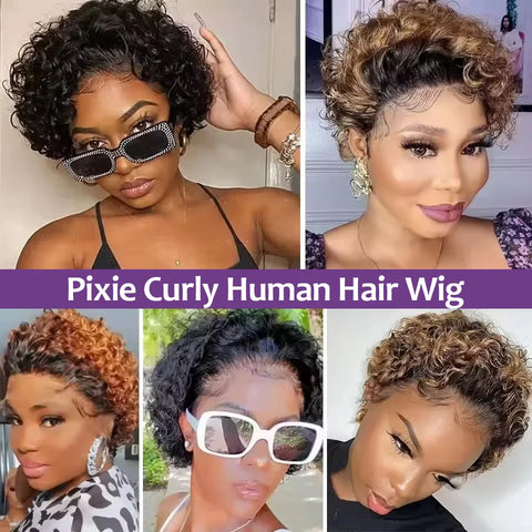 #4/27 Highlight Brown Pixie Curly Bob Wig Lace Front Wig Short Pixie Deep Curly 13x4 Transparent Lace Frontal Wig With Full Lace